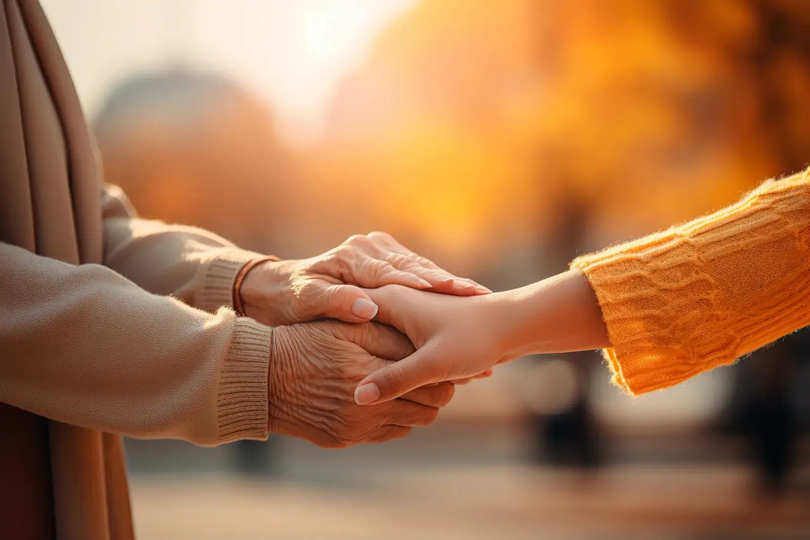 Alte Frau und Junge Frau halten Hände